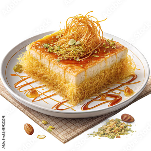 Delicious sweet cheese kunafa with crispy golden layers on a plate