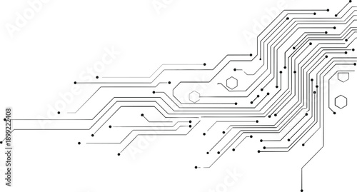 Minimalist black and white circuit board pattern with electronic lines and nodes for motherboard technology background and cad drawing flat vector illustration