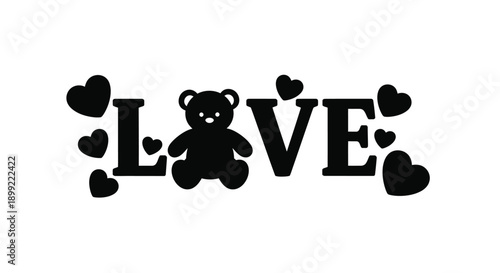 Love message with teddy bear and hearts in black silhouette