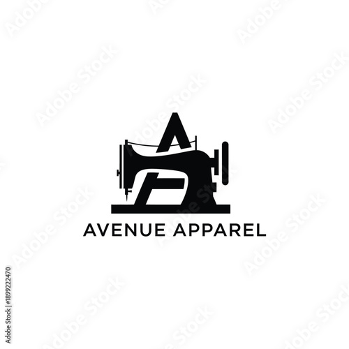 Sewing machine and letter A monogram icon logo for tailoring and fashion clothing manufacturing brand named Avenue Apparel