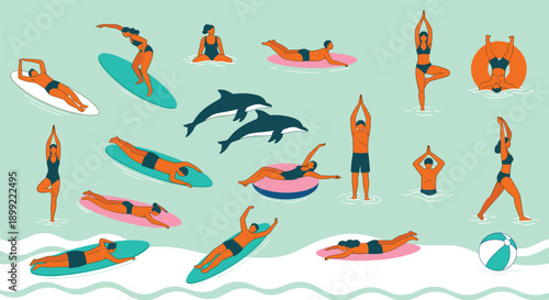 People swimming surfing and relaxing on pool floats set, summer beach vacation lifestyle, cad drawing flat vector illustration for aquatic fun