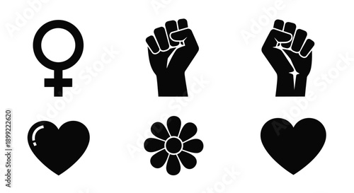 Feminist symbols including female sign fist and heart silhouette