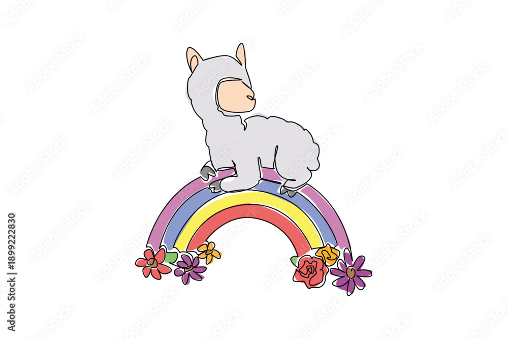Fototapeta premium Continuous line drawing of lovable, fluffy alpaca napping peacefully on top of a vibrant rainbow arc decorated with spring flowers. Nature concept for cute farm animal, unique for nursery prints