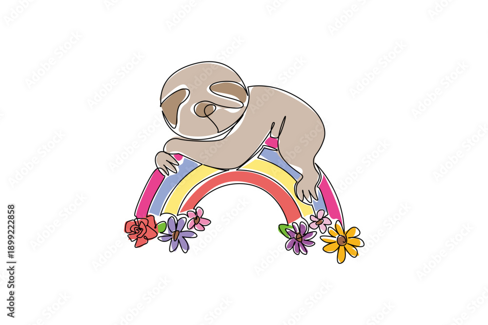 Fototapeta premium Continuous line drawing of sweet and slow moving sloth resting gracefully atop a rainbow arc, beautifully decorated with blooming flowers. Nature concept of relaxation, suitable for kids apparel