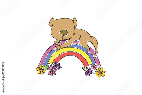 One line drawing  of cute meerkat peering over a colorful rainbow with fluffy clouds. Nature concept for cute wild African animal for World Meerkat Day and kids nursery decor