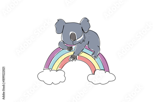 Single line drawing of gentle stylized koala is depicted clinging peacefully to a multi layered rainbow that arches gracefully over two billowy clouds, for a nature concept. Cute animal laying down
