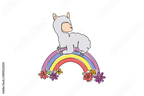 Continuous line drawing of lovable, fluffy alpaca napping peacefully on top of a vibrant rainbow arc decorated with spring flowers. Nature concept for cute farm animal, unique for nursery prints
