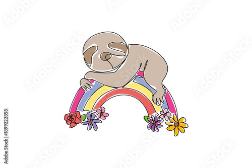 Continuous line drawing of sweet and slow moving sloth resting gracefully atop a rainbow arc, beautifully decorated with blooming flowers. Nature concept of relaxation, suitable for kids apparel