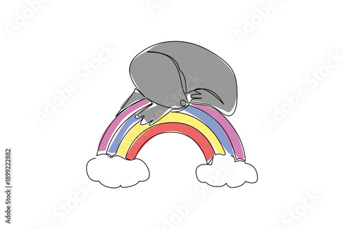Single line drawing of adorable and cute sea lion resting peacefully on a colorful rainbow arc with two soft clouds. Nature concept for cute marine animal theme, perfect for nursery decor