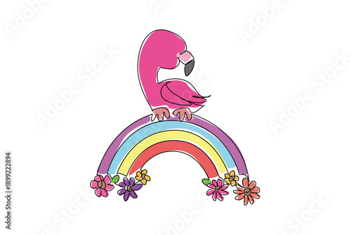 One line draw of elegant and charming pink flamingo resting gracefully on top of vibrant rainbow arc positioned above blooming flowers. Nature concept for cute tropical bird, ideal for nursery print
