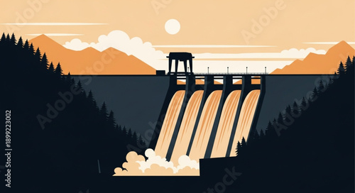 Hydroelectric dam generating clean energy with flowing water.