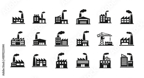 Collection of Industrial Factory Icons with Smoke Stacks.