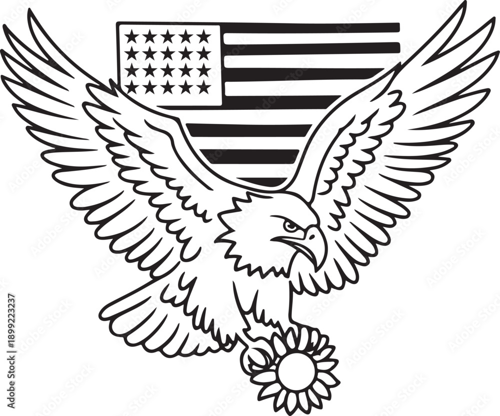 Obraz premium Eagle carrying sunflower with american flag background, patriotic symbol, freedom emblem, majestic bird, powerful icon, vector design