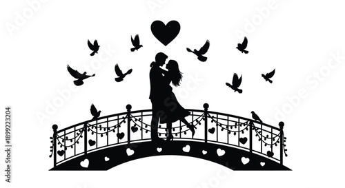 Couple embracing on a bridge with flying birds a romantic silhouette