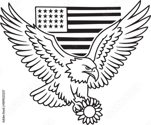 Eagle carrying sunflower with american flag background, patriotic symbol, freedom emblem, majestic bird, powerful icon, vector design
