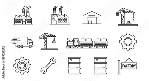 Industrial Icons Set Factory Building Truck Train Crane Gear Wrench.