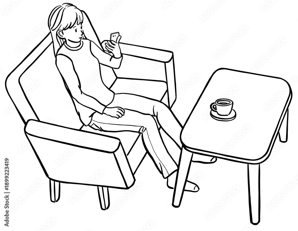Fototapeta premium ソファーに座ってスマホをみる若い女性のイラスト 線画