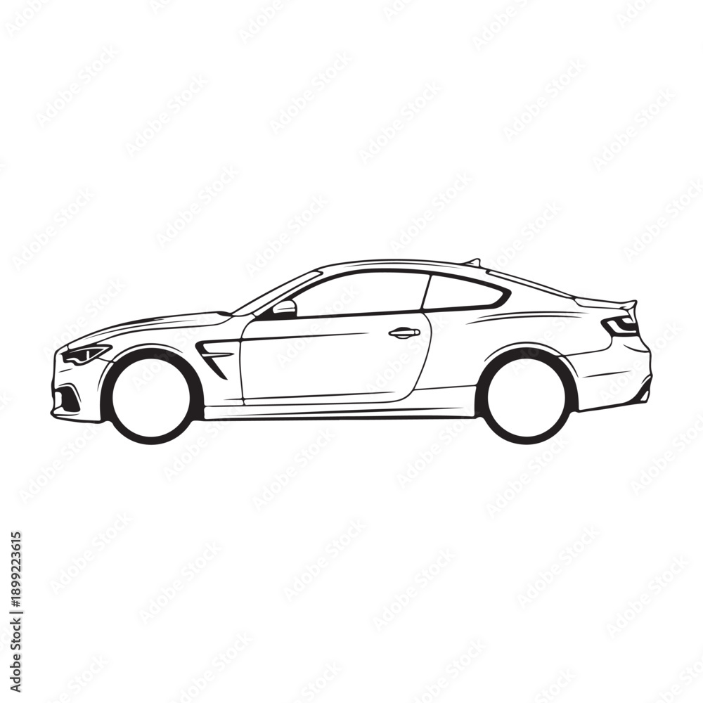 Obraz premium Sports coupe car vector outline illustration, side view, black and white line art, isolated on white