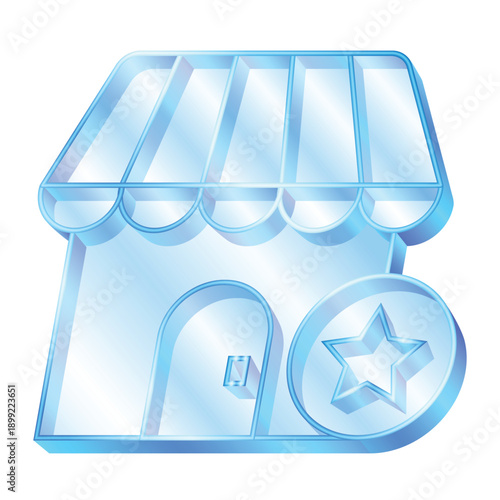 Transparent glass gradient favourite shop 3D icon. Store and star. Highlighted products, special or exclusive items, top-rated shopping.