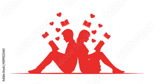 Couple reading books surrounded by hearts a romantic silhouette