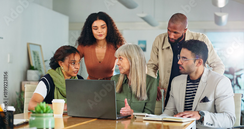 Advertising, manager or people with laptop in office, planning meeting or promotion campaign development. Feedback, branding project or marketing team together for brainstorming, launch idea or pc