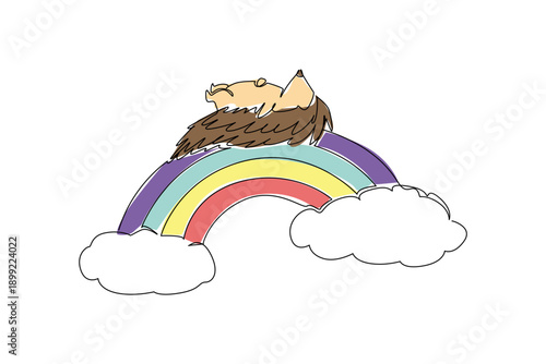 Continuous line drawing of charming illustration of tiny brown hedgehog lying on its back in supine position atop cloudy rainbow arc. Nature concept forest theme for Hedgehog Awareness Week