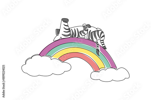 One line drawing of striped baby zebra taking cozy nap in supine position across a vibrant rainbow arc between two soft, white clouds. Nature concept safari theme for International Zebra Day