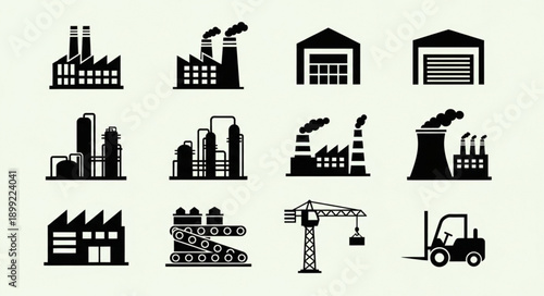 Collection of industrial building and factory icons.