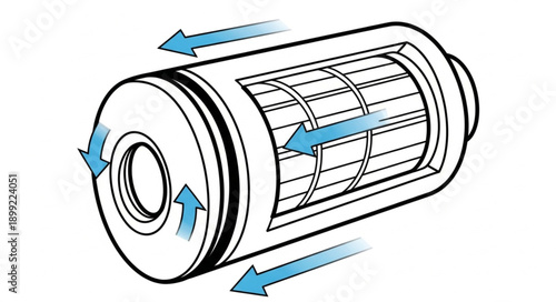 Diagram of a cylindrical oil filter with arrows showing fluid flow.
