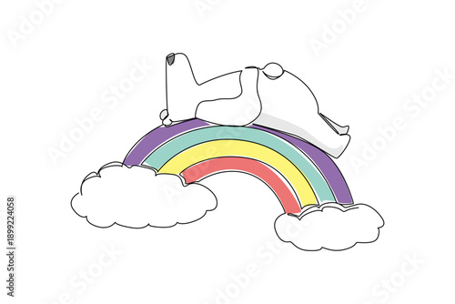 Continuous line drawing of lovable white polar bear napping comfortably in supine position on vibrant rainbow arc resting between two soft clouds. Nature concept arctic theme for World Polar Bear Day