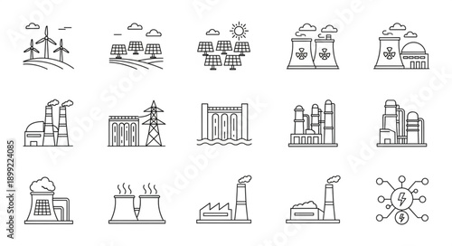 Collection of industrial power plant icons and symbols.