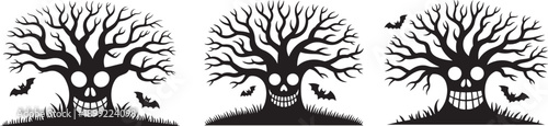 Halloween spooky tree set with scary faces bats graphic design elements
