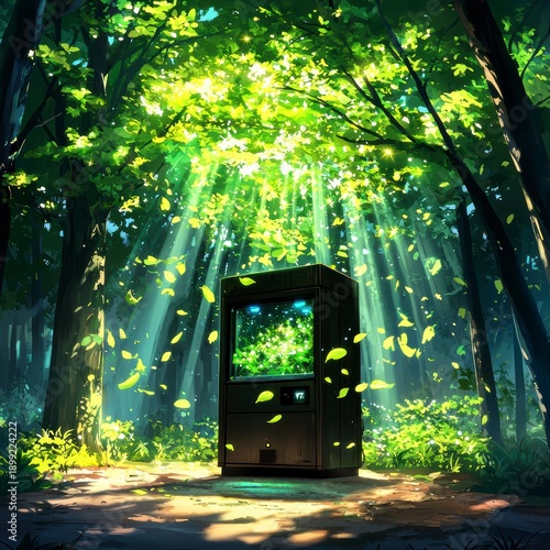 Green Technology Vending Machine in Enchanted Forest Illustration