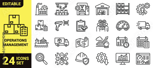 Operations management line icons set with manufacturing, supply chain, logistics, warehouse, production planning, inventory control, quality assurance and business process optimization outline symbols