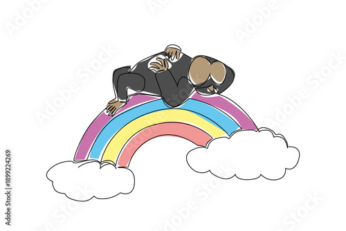 Single line drawing of a gentle gorilla ape snoozing and sleeping supine on rainbow. Nature concept illustration depicts a primate theme for World Gorilla Day. Cute vector design for zoo banner