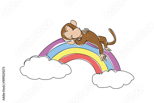 One line drawing of playful brown monkey, with its tail gently curled, relaxed supine sleep on a colorful rainbow with fluffy cloud. Nature concept art jungle theme for International Monkey Day