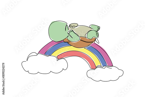Single line drawing of slow charming green tortoise in supine posture, shell side down, happily napping on vivid rainbow arch with two soft clouds. Nature concept reptile theme for World Turtle Day