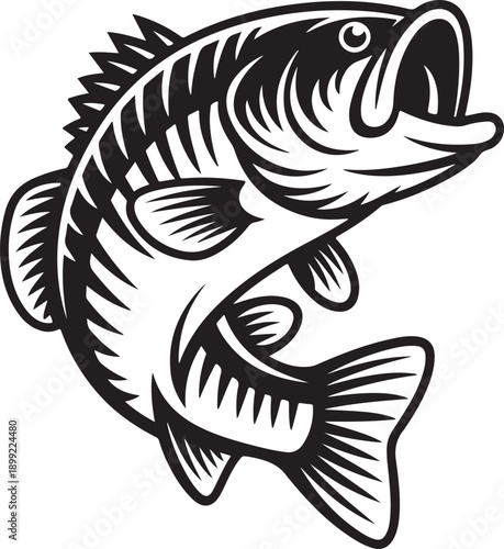 A bass fish jumping in water black and white vector illustration for fishing design