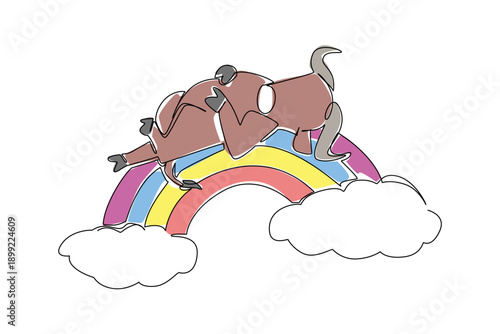 One line drawing of graceful adorable buffalo sleeping supine on a rainbow with clouds, sturdy body and curved horns in calm, cute pose. Ideal for safari branding, wildlife sets, and kids posters