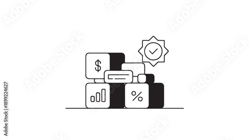 Financial data analysis in minimalist line art with checkmark approval in simple shapes for business presentation