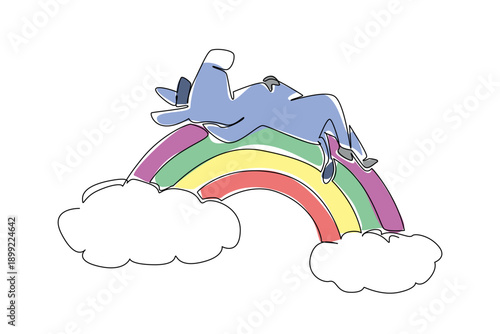 One line drawing of gentle baby donkey lying flat on back with hooves tucked in, napping atop bright rainbow arc. Clean outline and soft pastel fill, ideal for kids print, sticker, and nursery decor