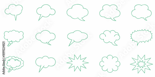 Collection of light green speech bubbles and thought bubbles in various shapes