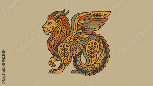 Ornate Winged Lion-Dragon Hybrid Illustration with Intricate Tribal Patterns