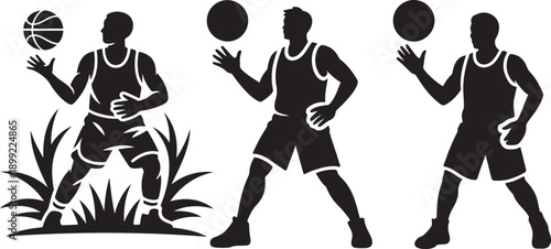 Basketball player silhouette on grass and isolated elements vector illustrations