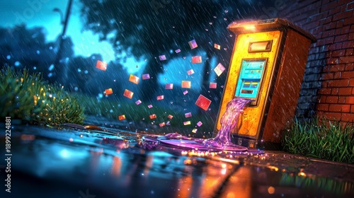 Fantasy Vending Machine with Glowing Liquid and Floating Cards in Neon Rain at Night