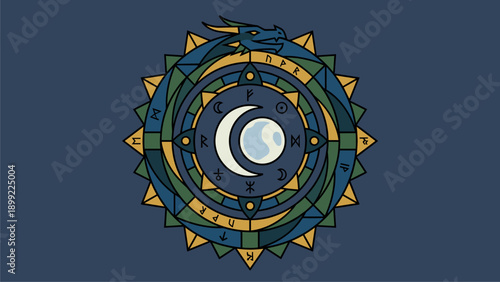 Mystical Ouroboros Dragon Emblem with Celestial Moon and Ancient Runes