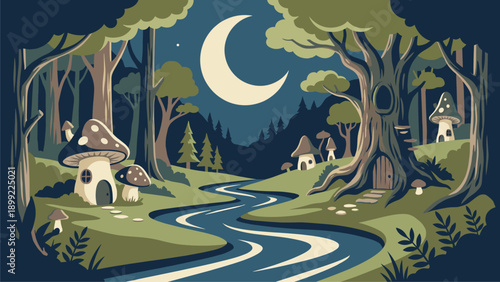 Enchanted Forest Night: Mushroom Houses, Winding River, and Crescent Moon Landscape Illustration