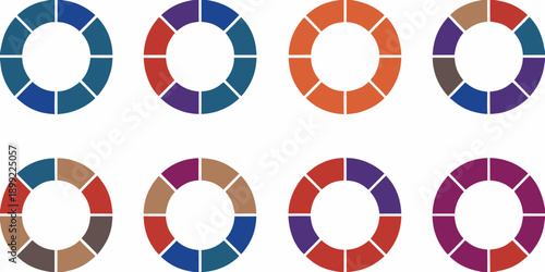 A collection of circular color palettes with varying shades and segments