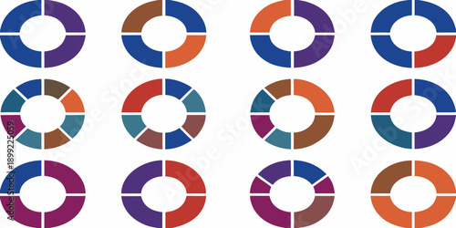 A collection of colorful circular diagrams with segmented sections