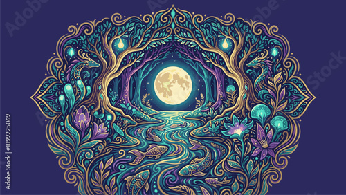 Mystical Forest Night Mandala: Ornate Fantasy Illustration with Full Moon, Glowing Trees, and Enchanted River